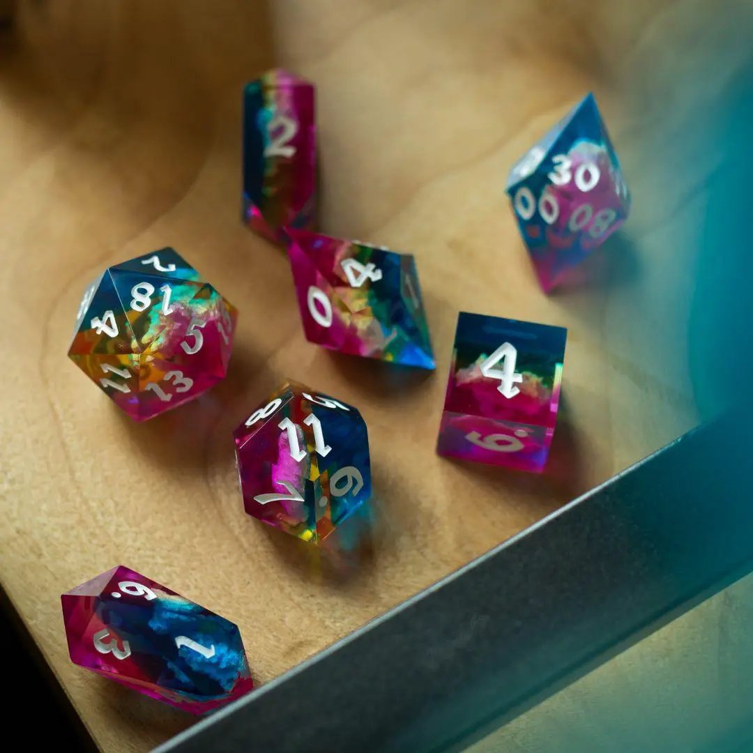 Starlit Rift resin DND dice set from Runic Dice, featuring shimmering starry design with seven polyhedral dice for tabletop gaming.