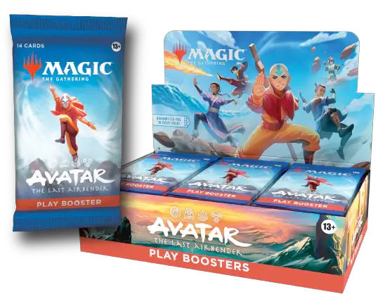 Magic the Gathering Avatar the Last Airbender play booster pack, featuring colorful cards and artwork from the collectible card game.