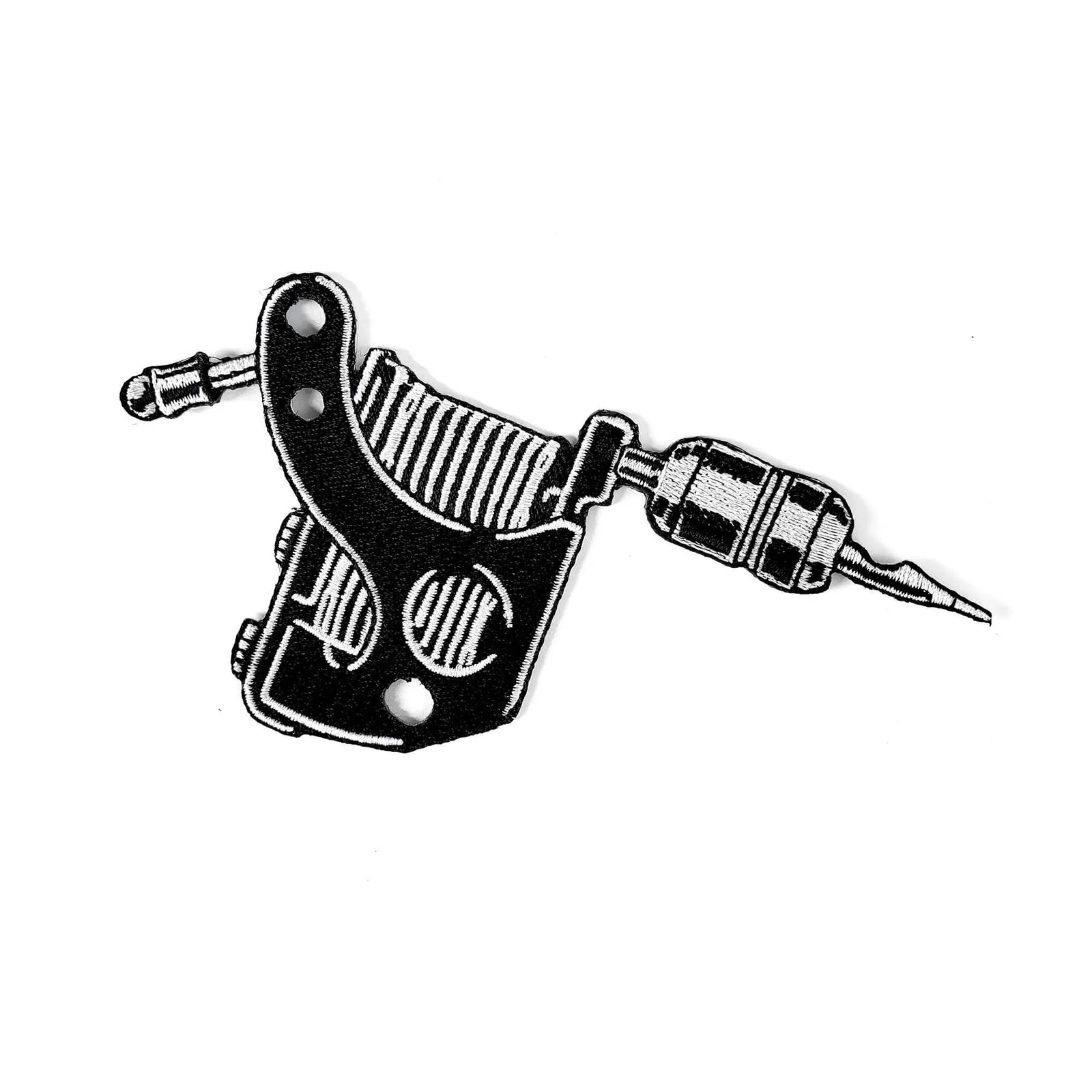 Kolorspun tattoo machine patch, iron-on patch with detailed tattoo machine design on a dark background.