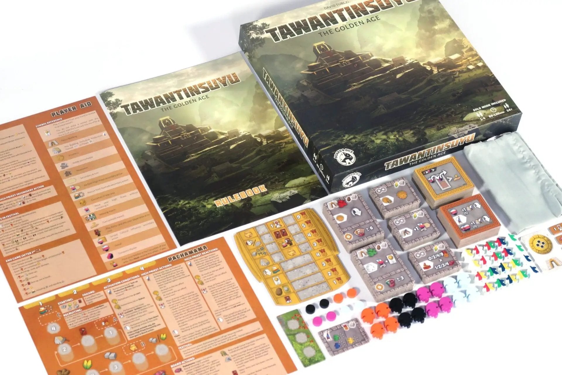 Tawantinsuyu: Golden Age Expansion game components with detailed artwork and miniatures for the board game by THE MIGHTY HOBBY SHOP