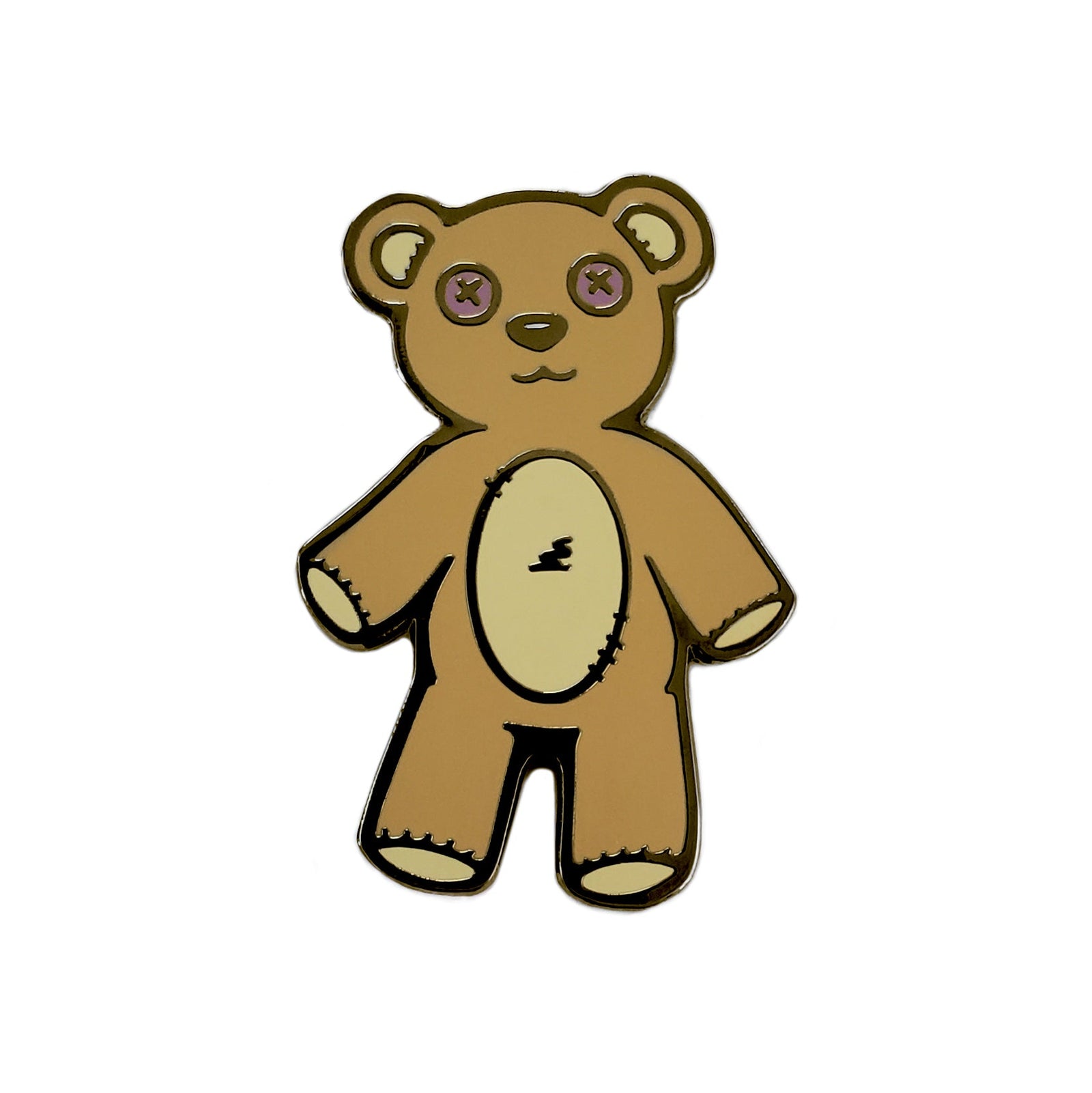 Kolorspun Teddy Bear pin featuring a brown and gold design, perfect for accessories or lapel decoration.