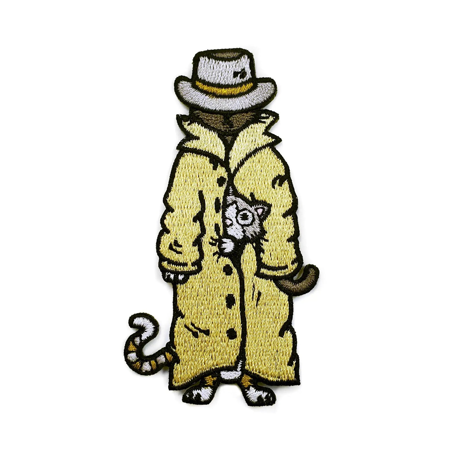 Kolorspun trench coat cats patch featuring colorful embroidered cat designs on a fabric patch for clothing or accessories.