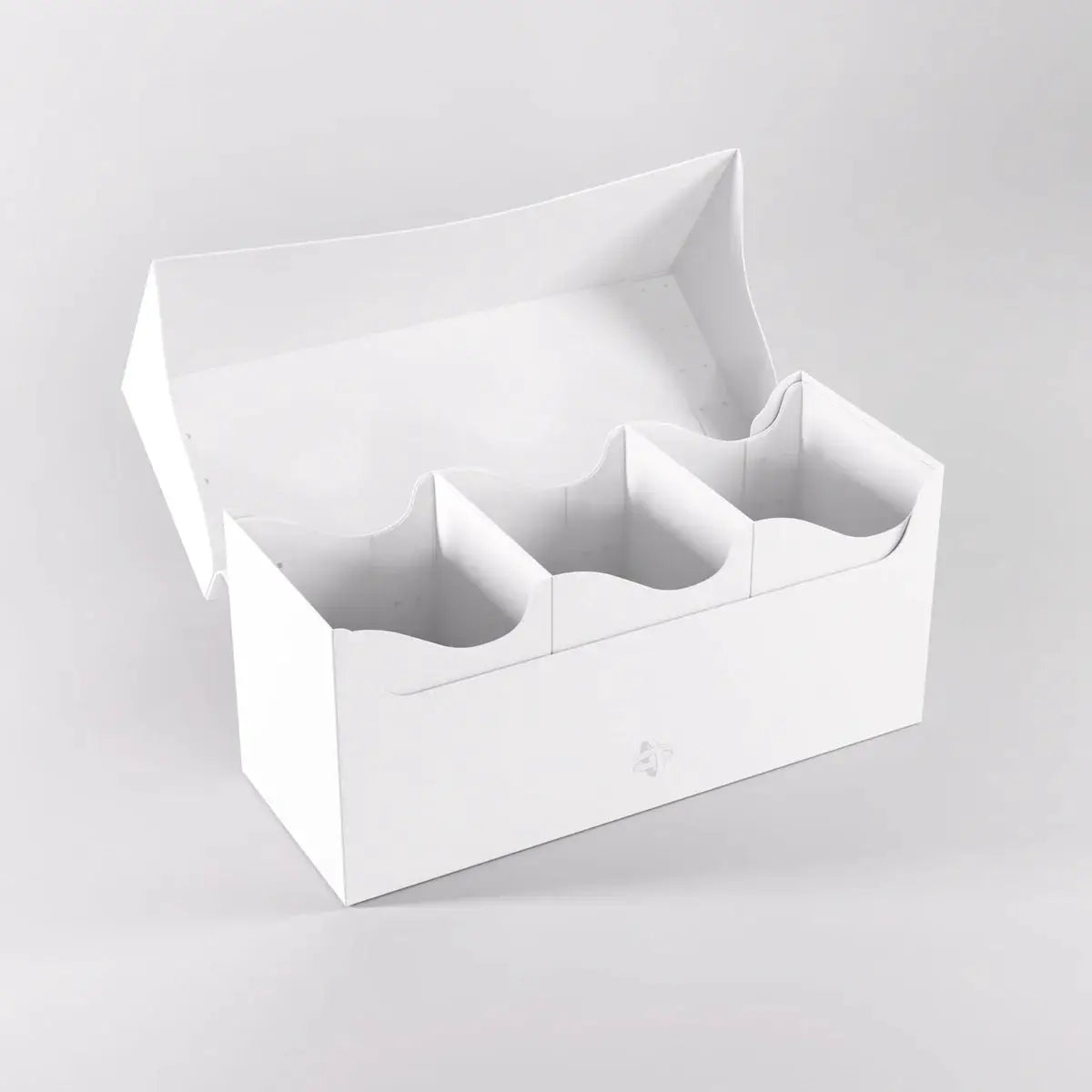 White Gamegenic Triple Deck Holder 300+ XL for organizing trading cards, featuring three spacious compartments for easy access.