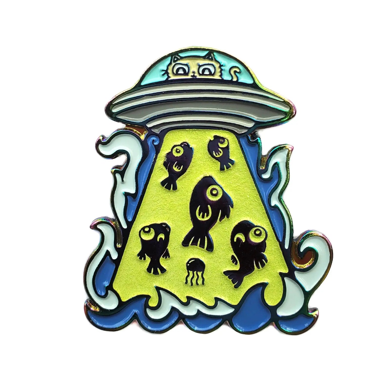 Rainbow metal UFO cat pin by Kolorspun featuring a colorful, space-themed design on a shiny metal surface.