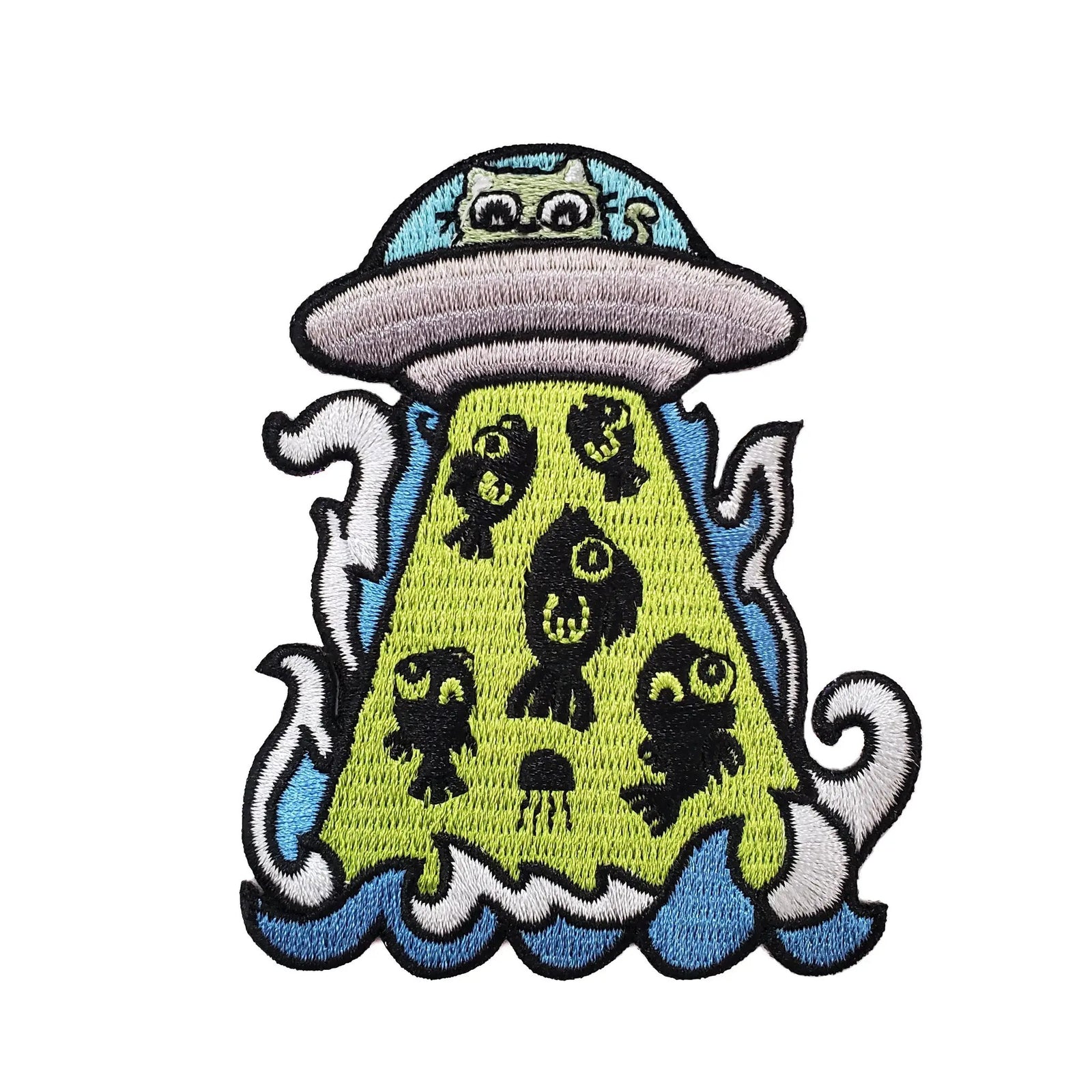 Kolorspun UFO cat patch featuring a colorful embroidered design of a flying saucer and a curious feline alien.