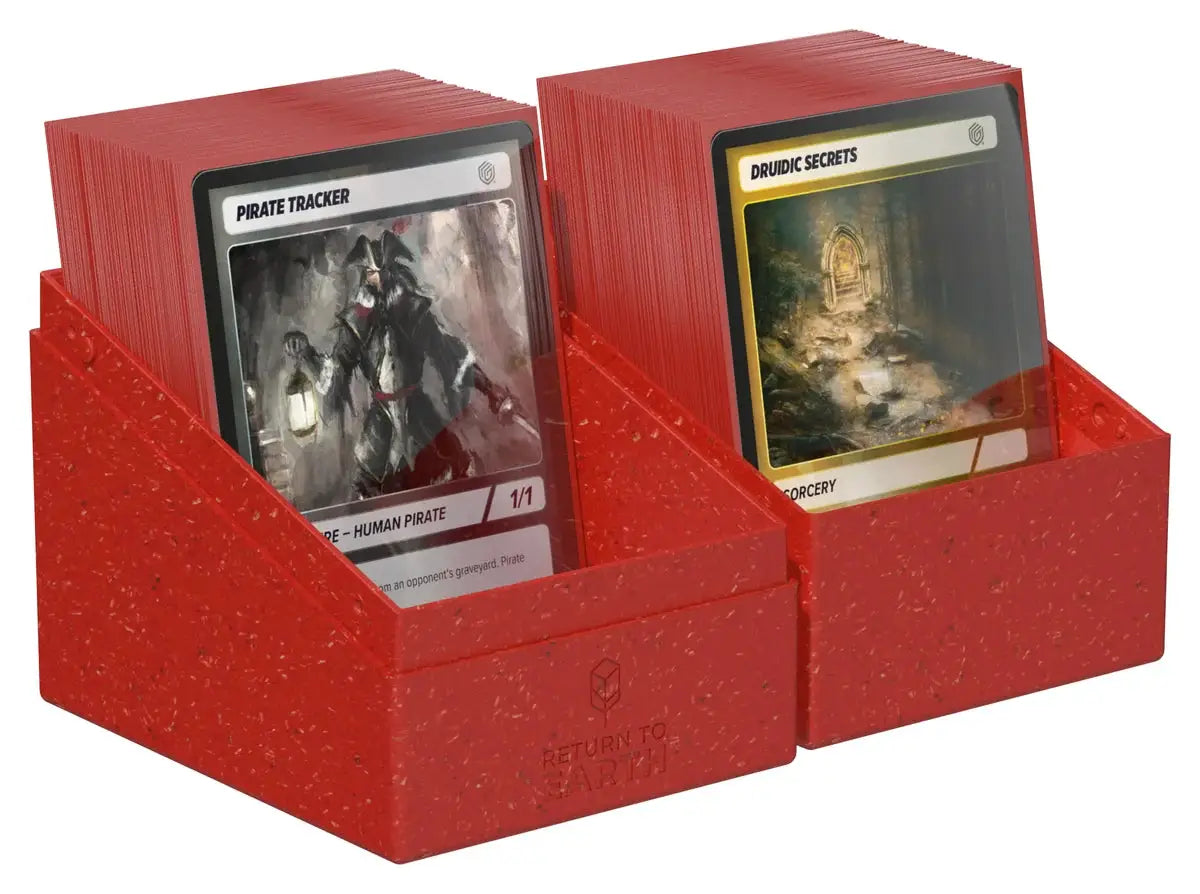Ultimate Guard Return to Earth Boulder 133+ collectible gaming card storage box, black with logo and secure lid.