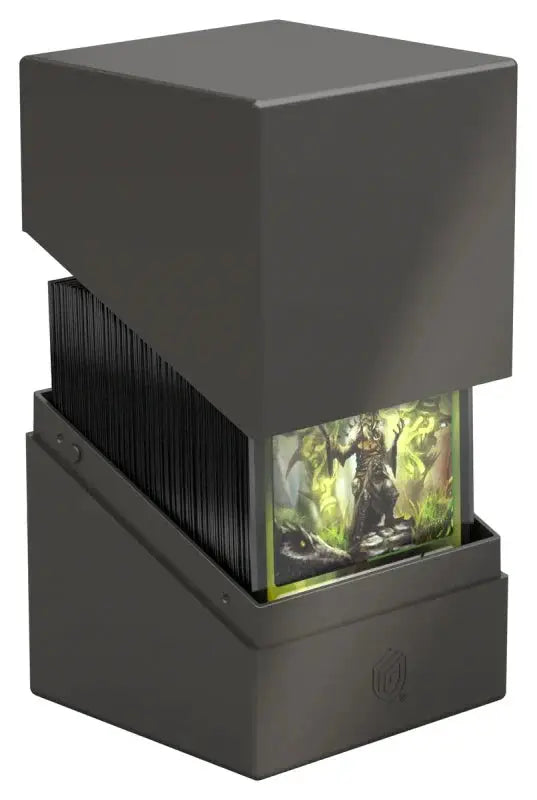 Ultimate Guard Boulder 100+ solid card storage box, sturdy black plastic with secure lid for safe card organization.