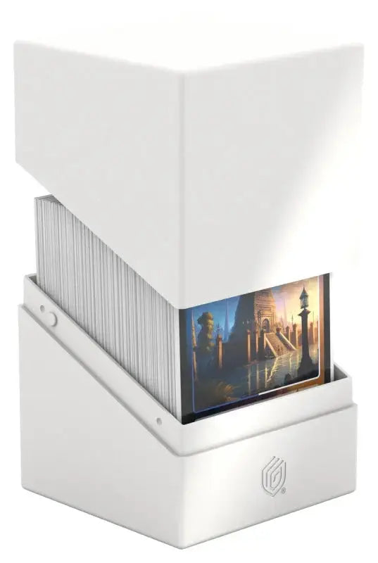 Ultimate Guard Boulder 100+ solid card storage box with a black exterior and secure lid, designed for collectible trading cards.