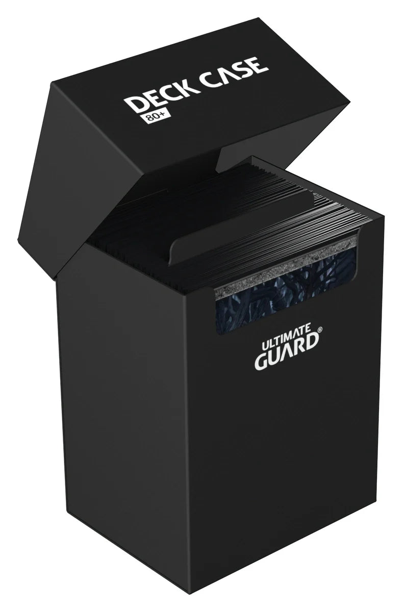Ultimate Guard Deck Case 80+ by The Mighty Hobby Shop, showing a sleek black card storage case with secure lid and customizable interior.