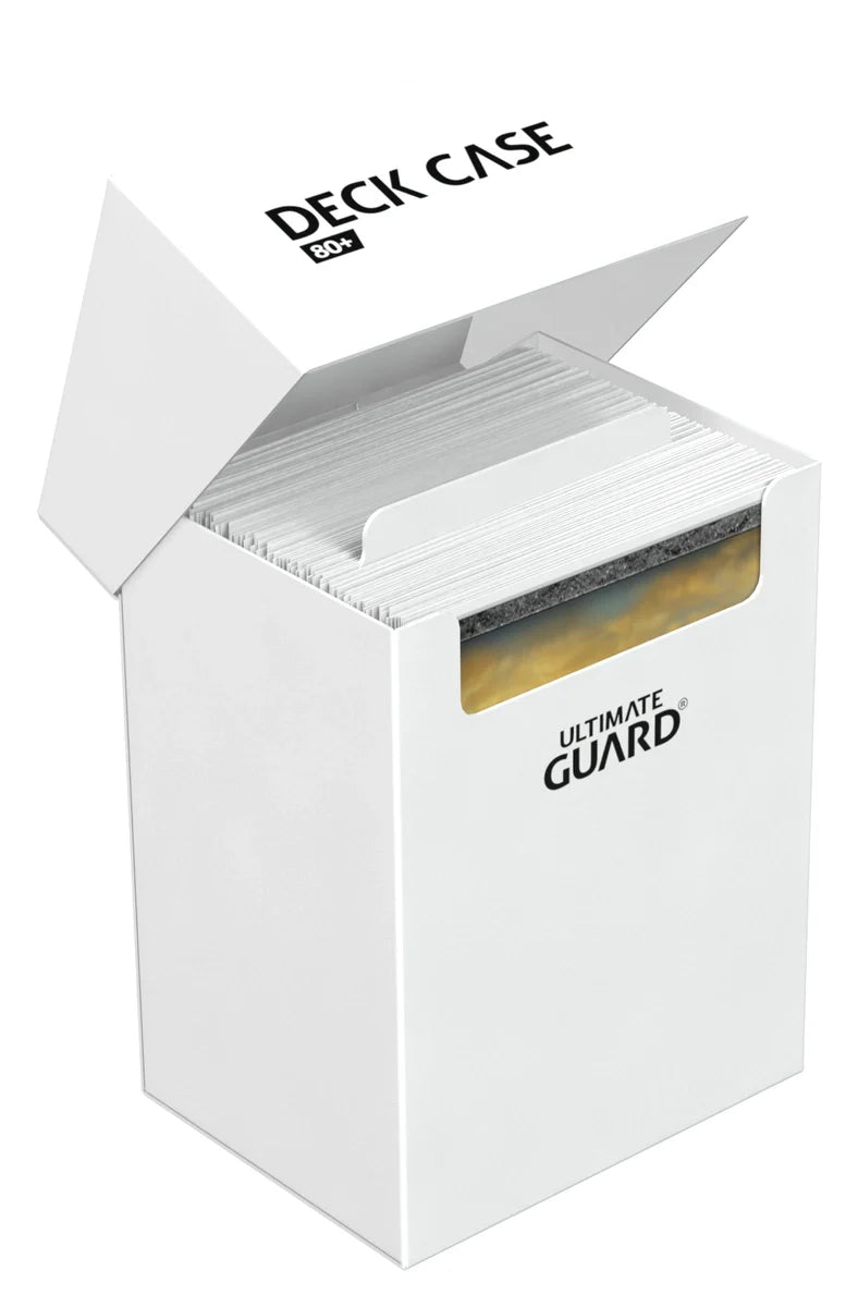 Ultimate Guard Deck Case 80+ by The Mighty Hobby Shop, black plastic exterior with secure lid and 80+ card storage compartments.
