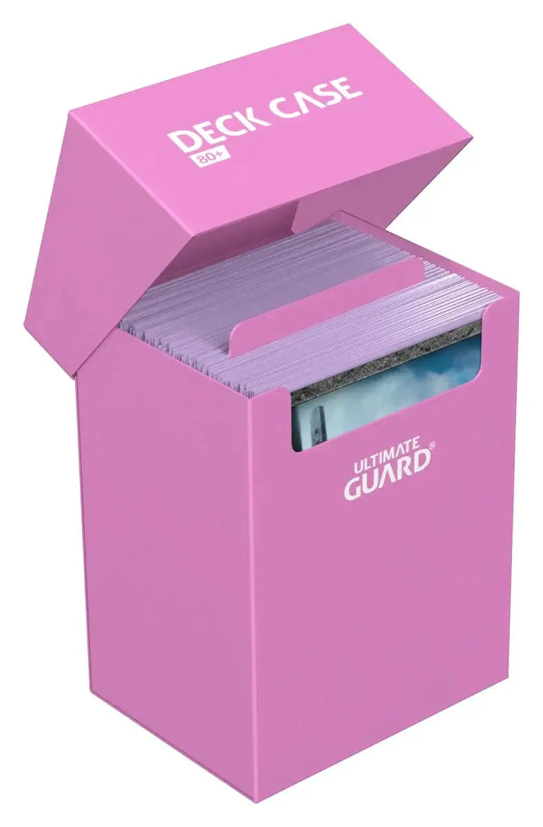 Ultimate Guard Deck Case 80+ for trading cards, black plastic with secure lid and interior card slots for safe storage.