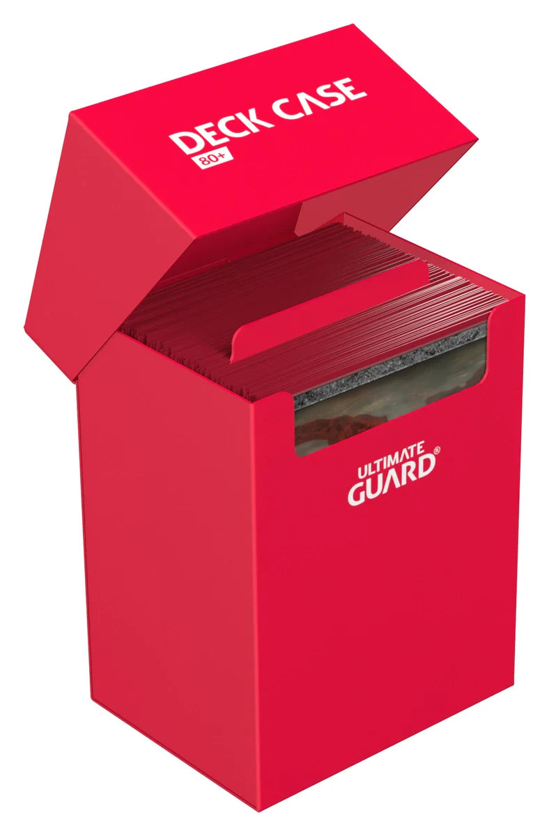 Ultimate Guard Deck Case 80+ by The Mighty Hobby Shop holding trading cards in a clear plastic case.