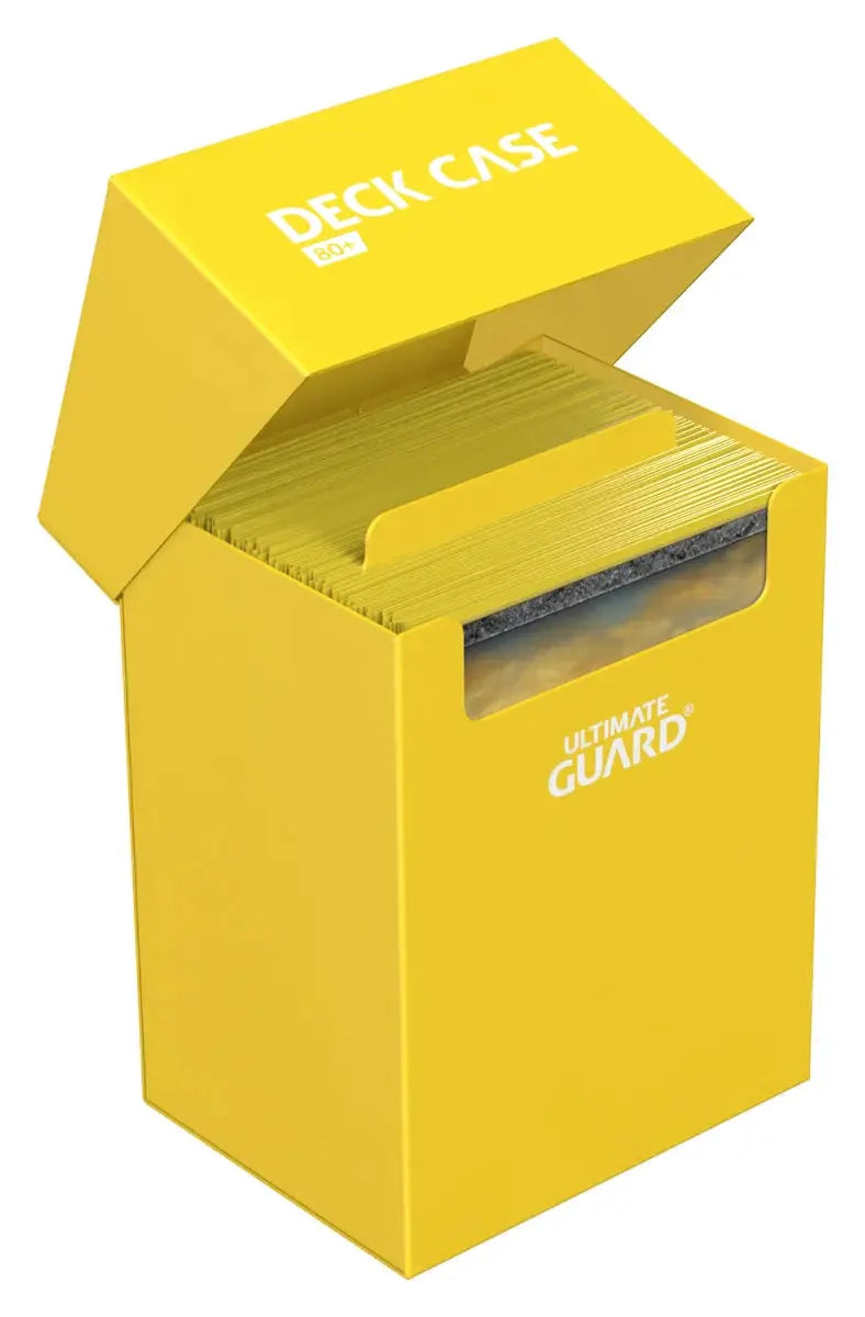 Ultimate Guard Deck Case 80+ by The Mighty Hobby Shop, showing a sleek black card storage box with clear lid and 80+ card slots.