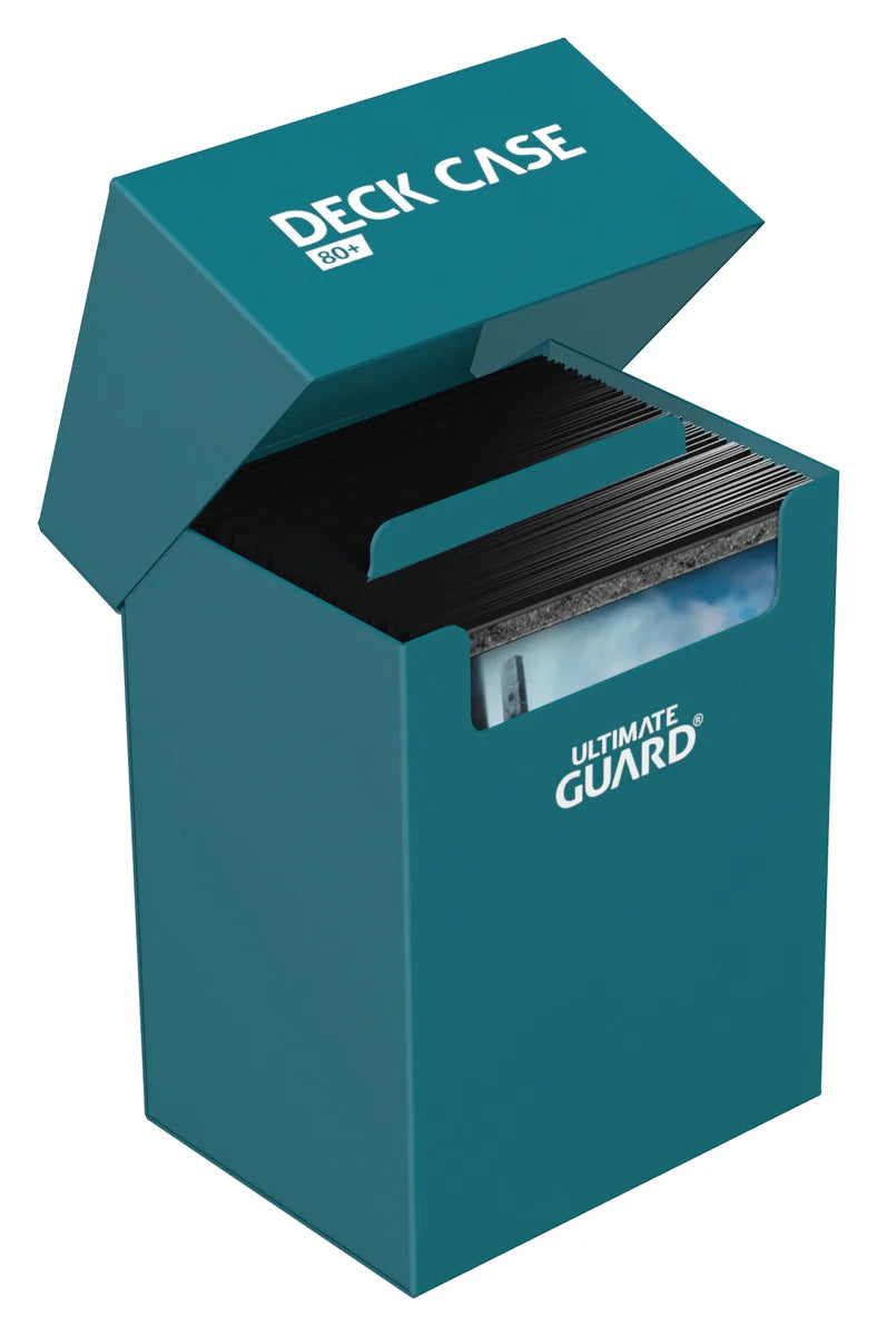 Ultimate Guard Deck Case 80+ by The Mighty Hobby Shop, black plastic storage case with secure lid for trading cards.