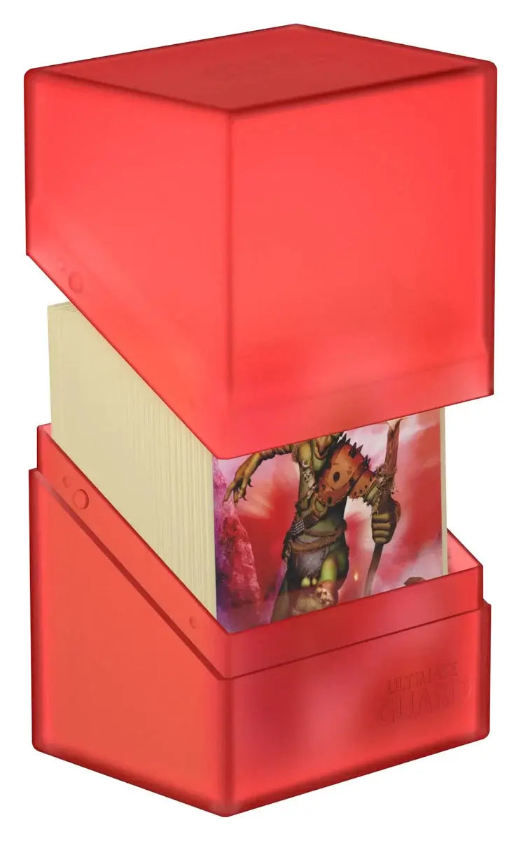 Ultimate Guard Boulder 80+ card storage box, durable plastic with secure lid, ideal for organizing trading cards.