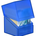 Clear Ultimate Guard Boulder 100+ card storage box with black accents, designed for protecting and organizing trading cards.
