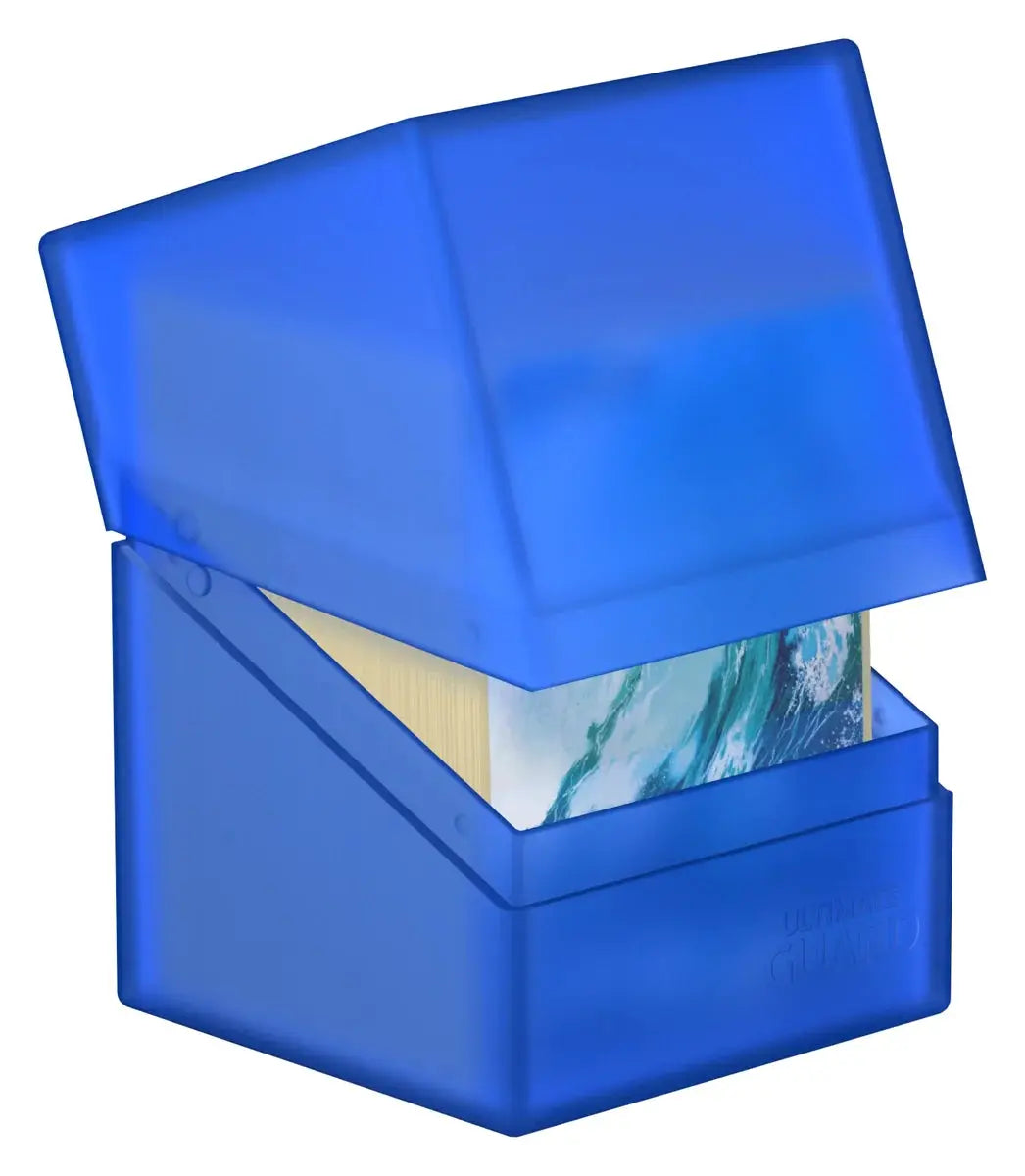 Clear Ultimate Guard Boulder 100+ card storage box with black accents, designed for protecting and organizing trading cards.