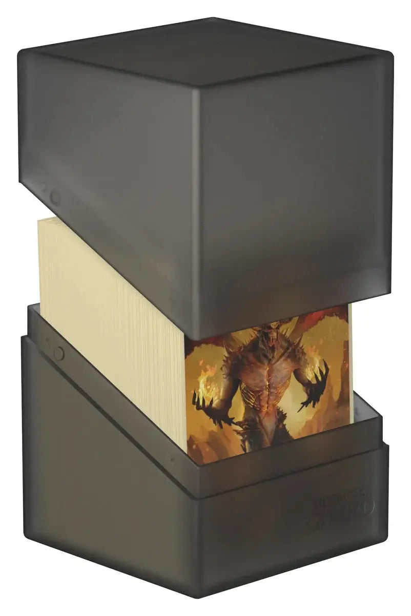 Clear Ultimate Guard Boulder 100+ card storage box from The Mighty Hobby Shop with transparent design and secure lid.