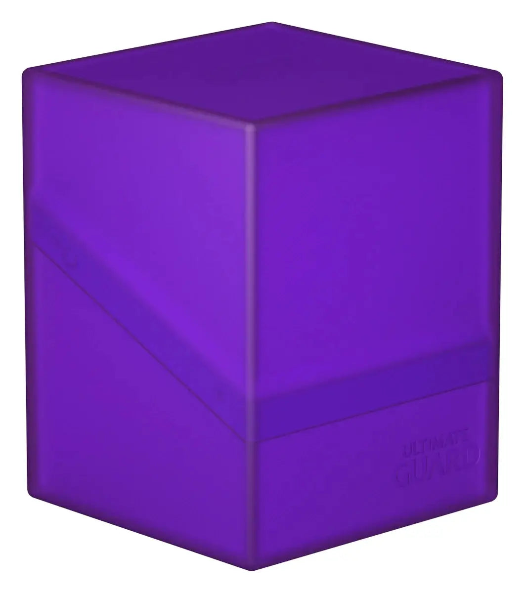 Clear Ultimate Guard Boulder 100+ card storage box with a black lid, designed for protecting and organizing trading cards.