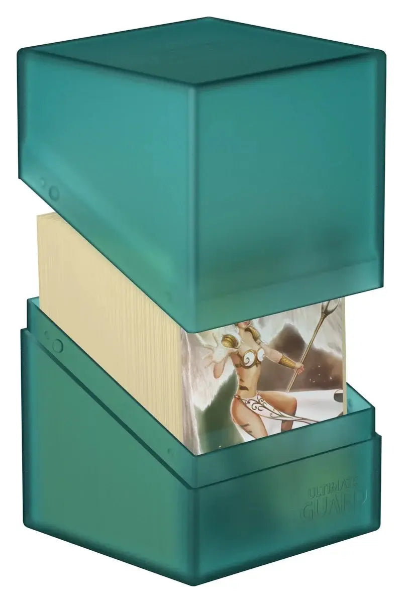 Ultimate Guard Boulder 100+ deck box in black with transparent lid for secure card storage and transport.