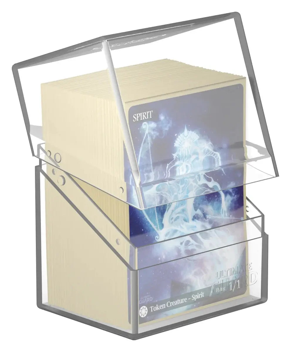 Ultimate Guard Boulder 80+ storage box for trading cards, durable plastic with secure lid, ideal for card collection organization.