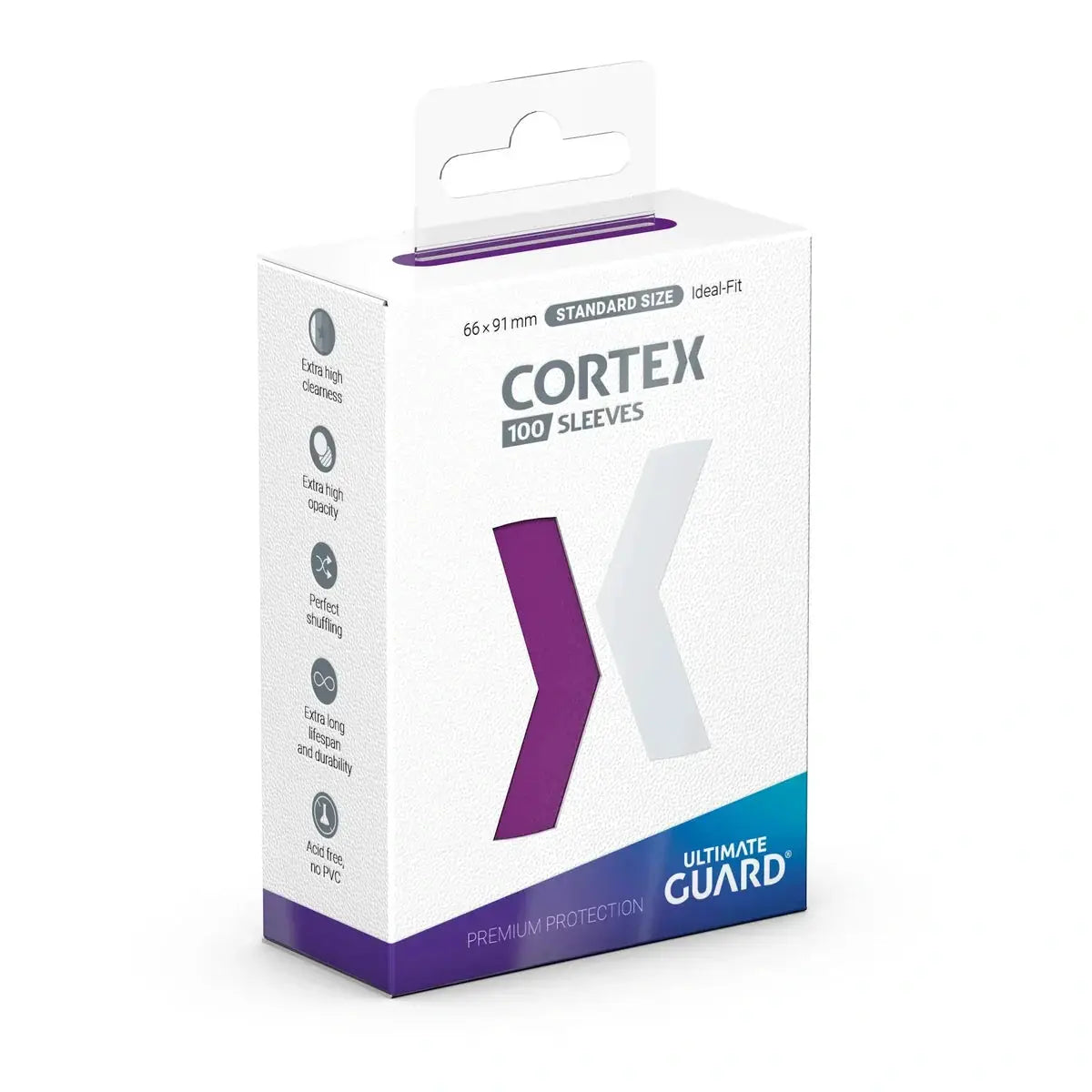 Clear Ultimate Guard Cortex sleeves in standard size, 100-pack, designed for trading card protection and smooth handling.