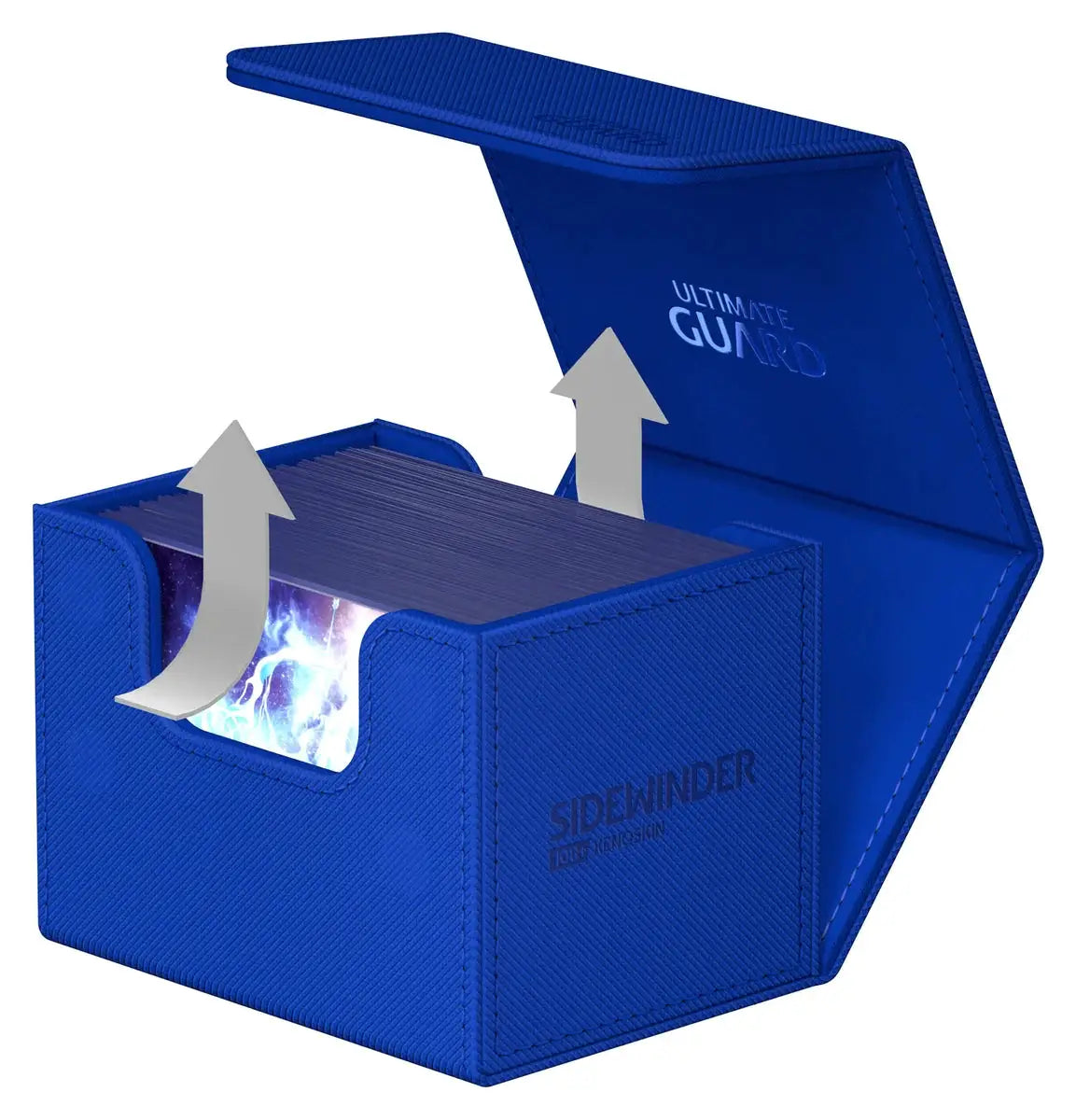 Ultimate Guard Sidewinder 100+ Xenoskin card storage box with black exterior and textured surface for secure card organization.