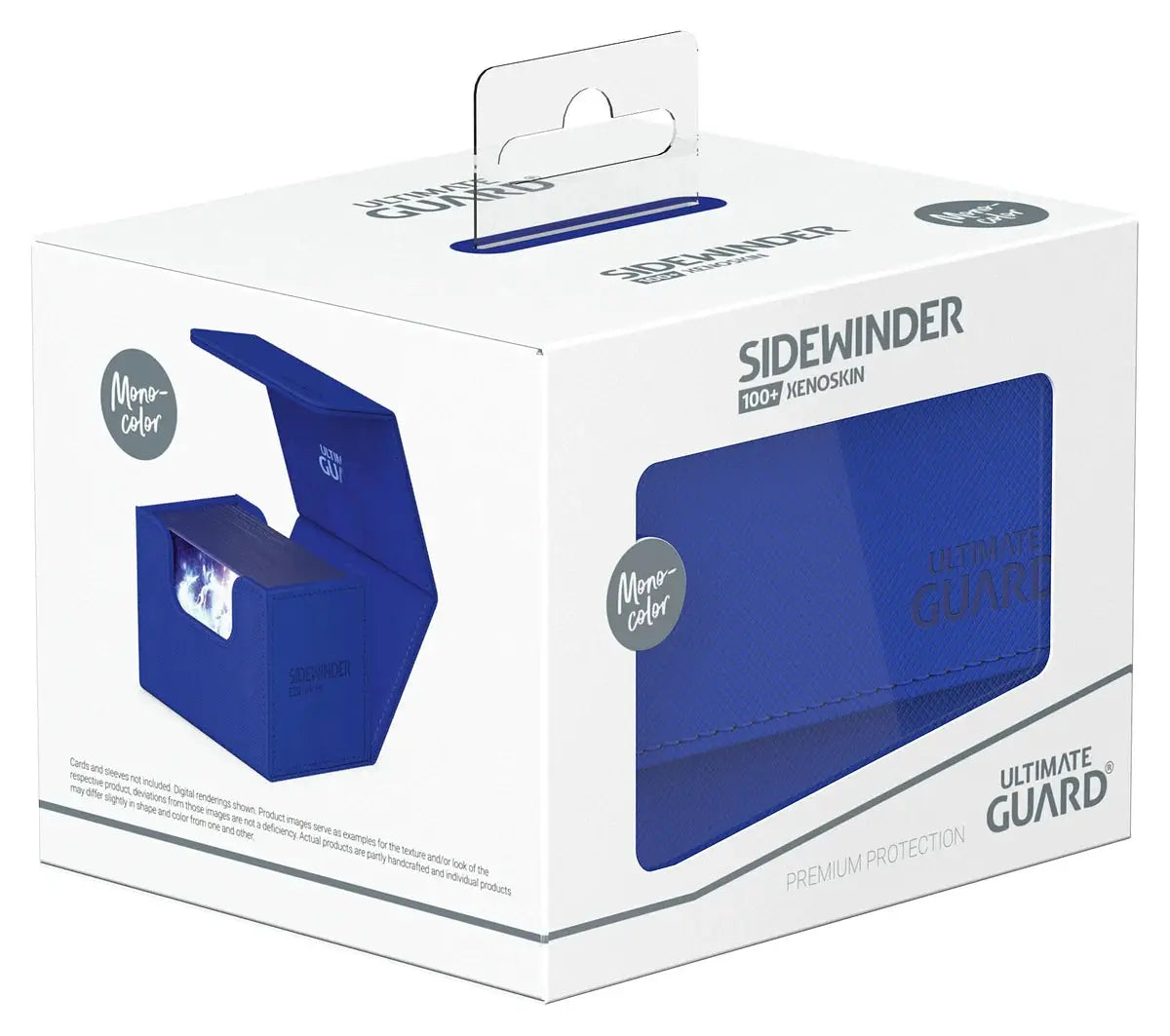 Ultimate Guard Sidewinder 100+ Xenoskin card storage box with sleek black exterior and secure snap closure.