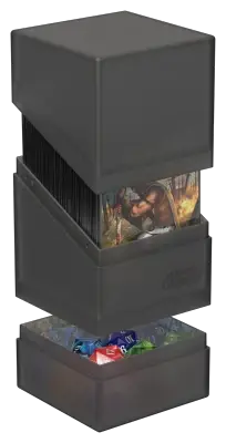 Ultimate Guard Boulder'n'Tray 100+ storage box for trading cards, shown in black with open lid and card slots inside.