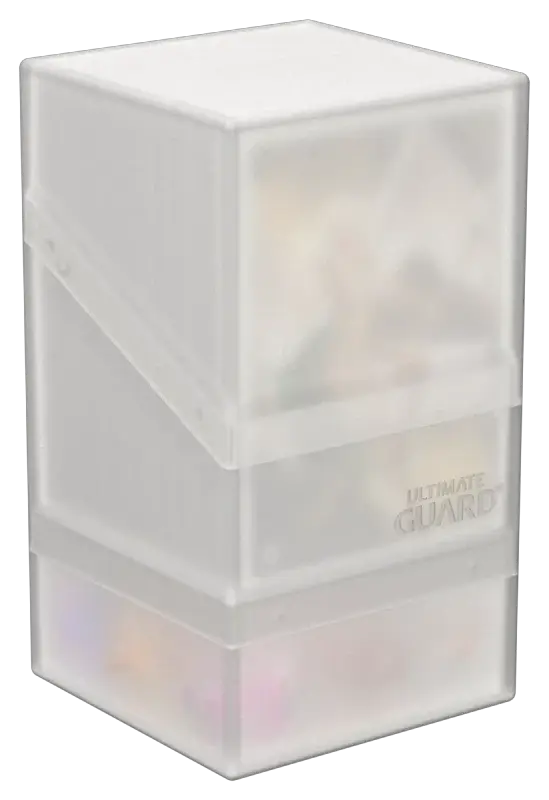 Ultimate Guard Boulder'n'Tray 100+ card storage box, durable black plastic with secure lid, designed for trading card organization.