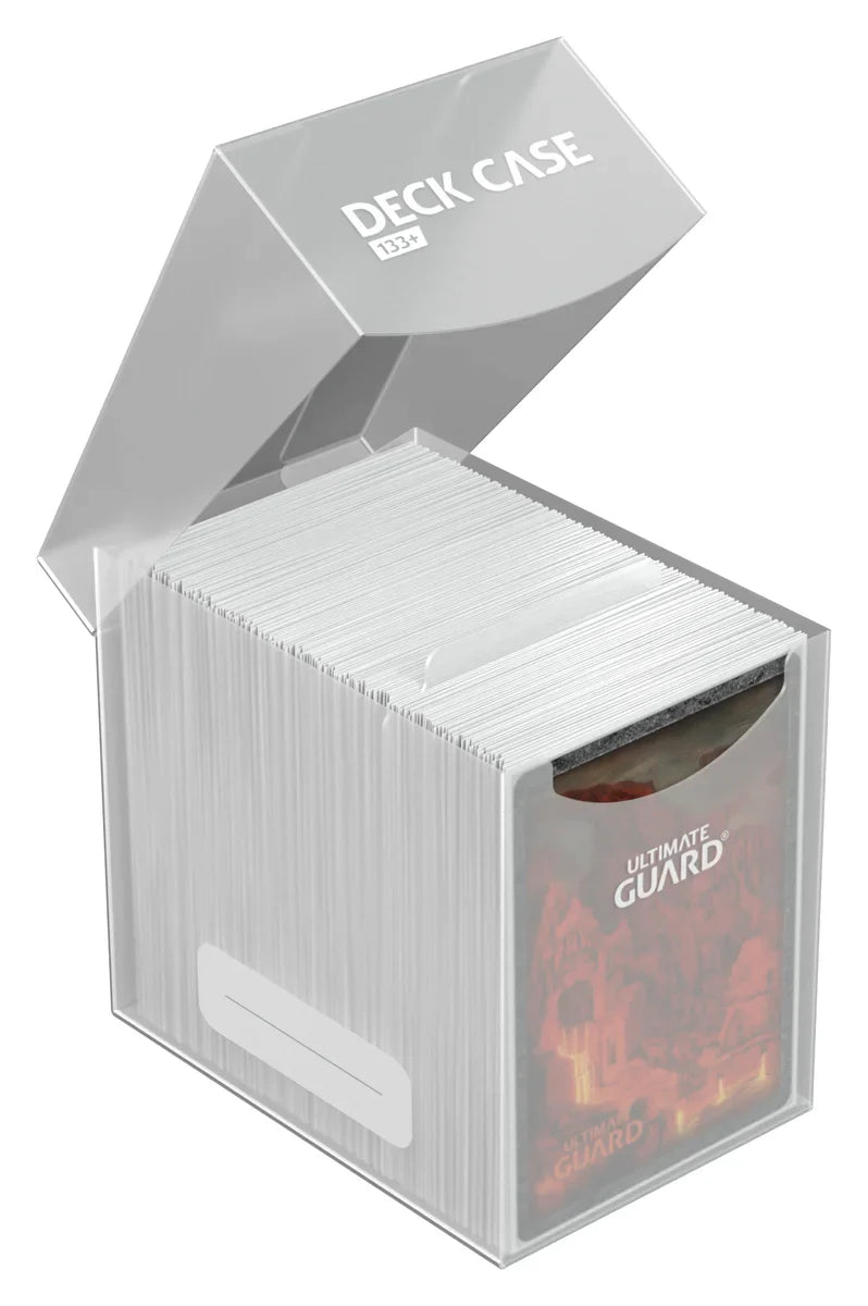 Ultimate Guard Deck Case 133+ by THE MIGHTY HOBBY SHOP, showing a sleek, black card storage case with secure lid and interior slots.