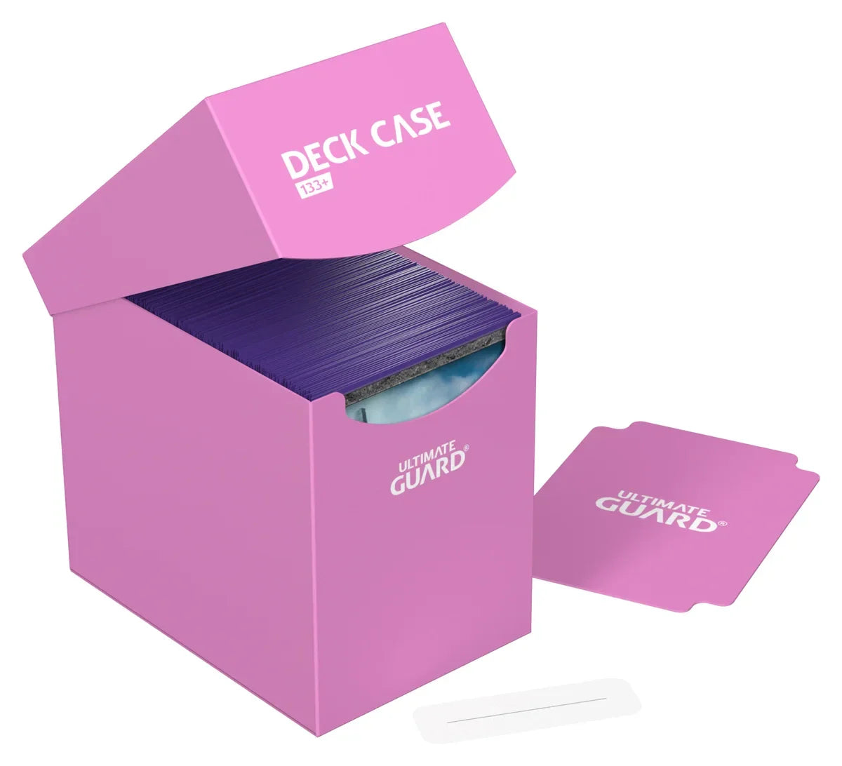 Ultimate Guard DECK CASE 133+ holding trading cards, black plastic exterior, compact and portable for card storage.
