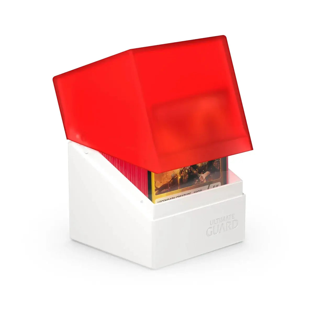 Ultimate Guard Boulder 100+ Synergy storage box for trading cards, with a durable black exterior and secure lid.