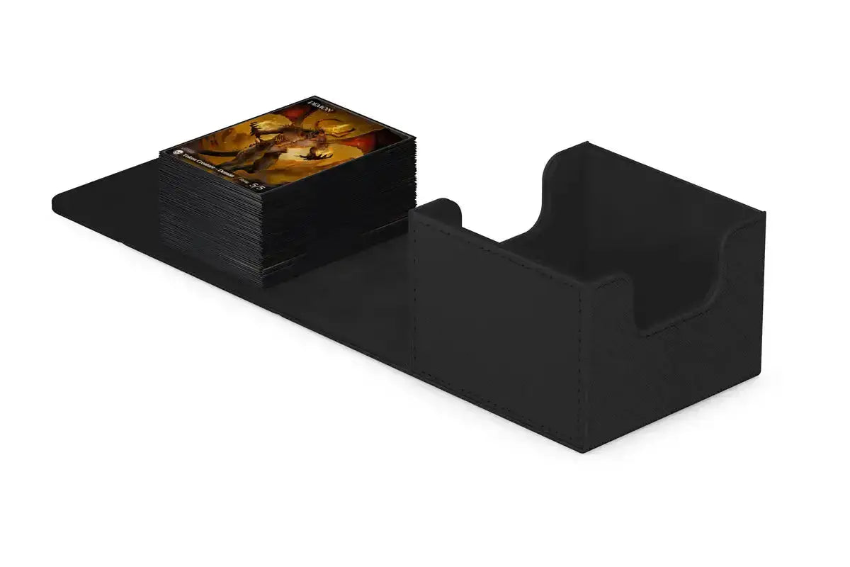 Ultimate Guard Sidewinder 133+ Xenoskin card storage box with black Xenoskin exterior and clear lid, designed for collectible card organization.