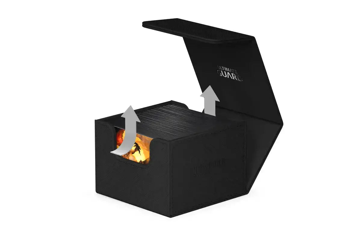 Ultimate Guard Sidewinder 133+ Xenoskin card storage box with sleek black exterior and secure clasp for collectible cards.
