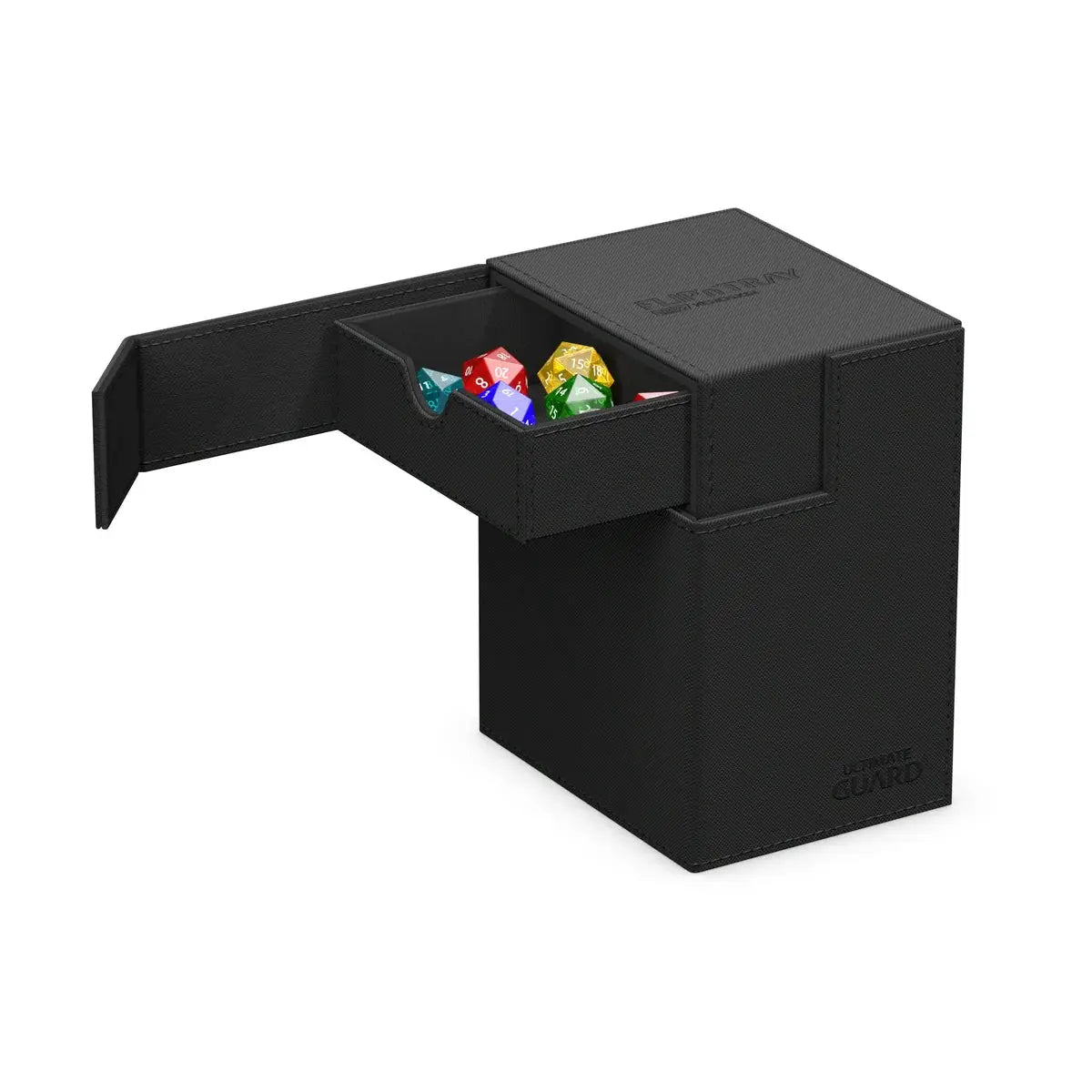 Ultimate Guard Flip'n'Tray 133+ Xenoskin card storage tray with black Xenoskin finish, featuring a sleek, durable design.