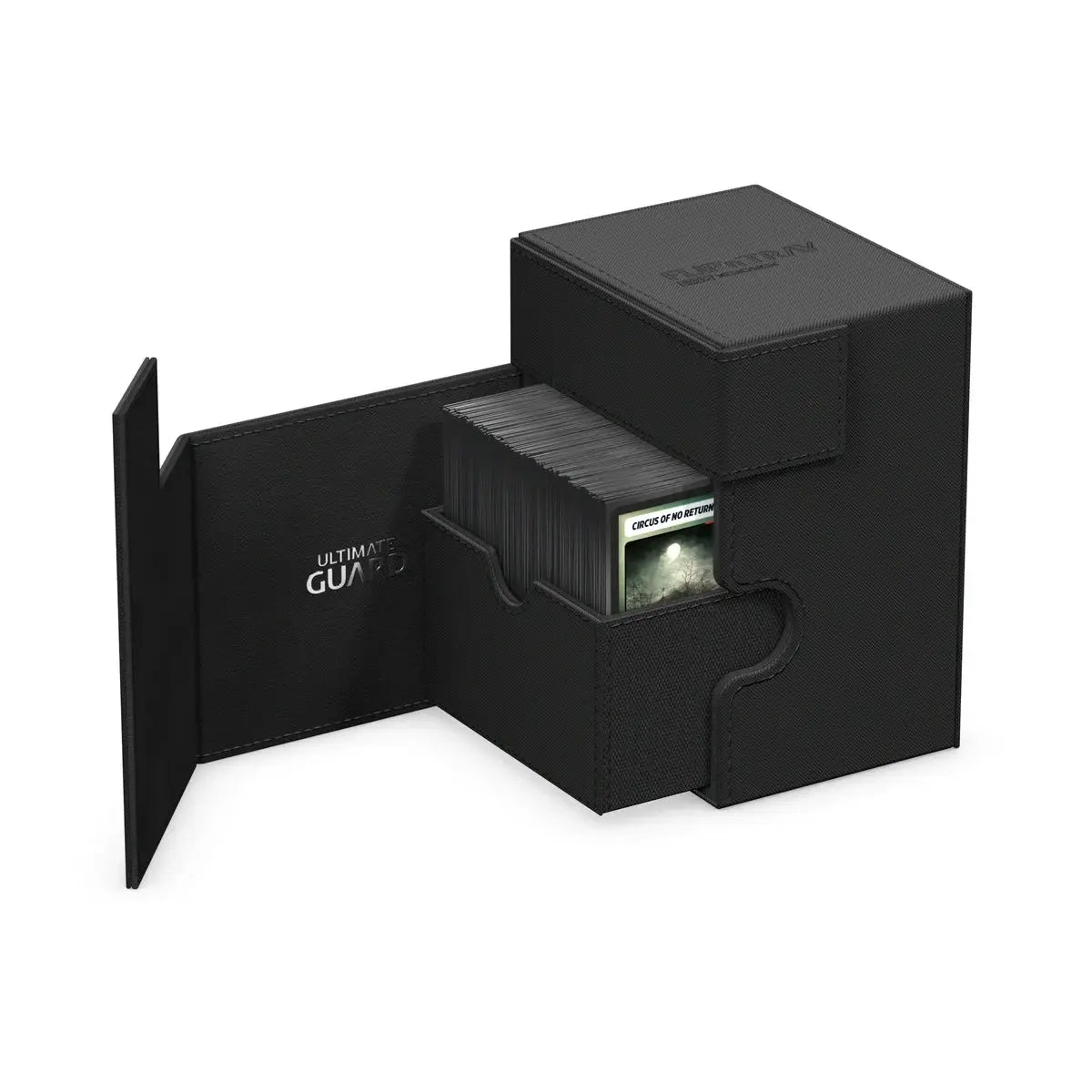 Ultimate Guard Flip'n'Tray 133+ Xenoskin storage case for trading cards, featuring a sleek black exterior and secure flip-open design.