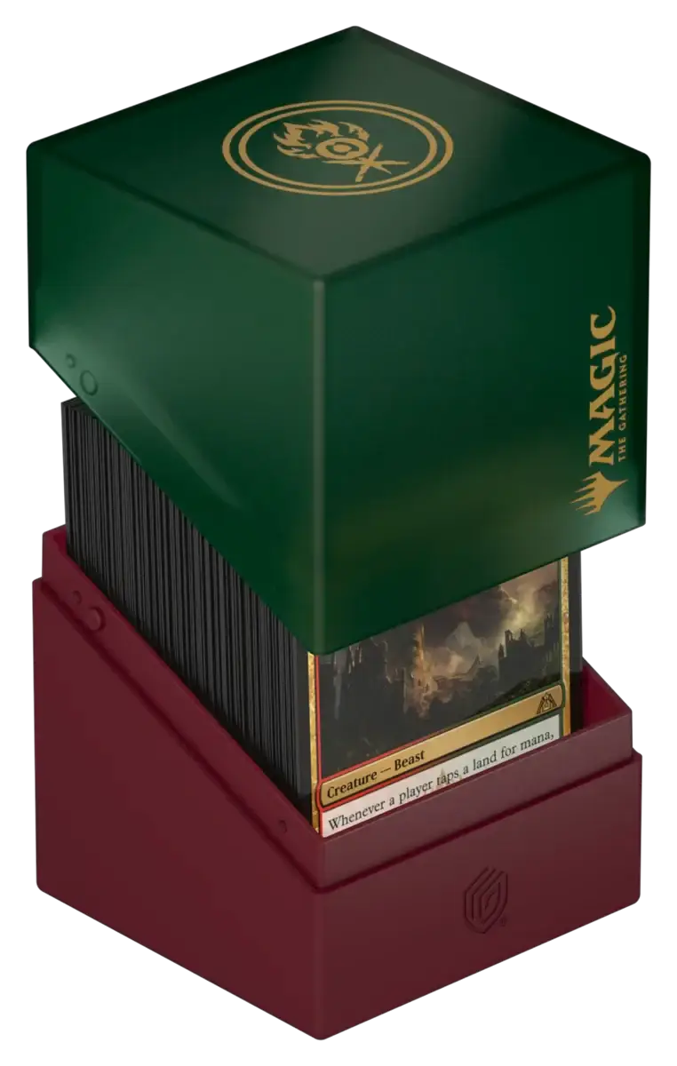 Ultimate Guard Boulder 100+ Synergy card storage box, black with secure clasp and foam interior for trading card organization.