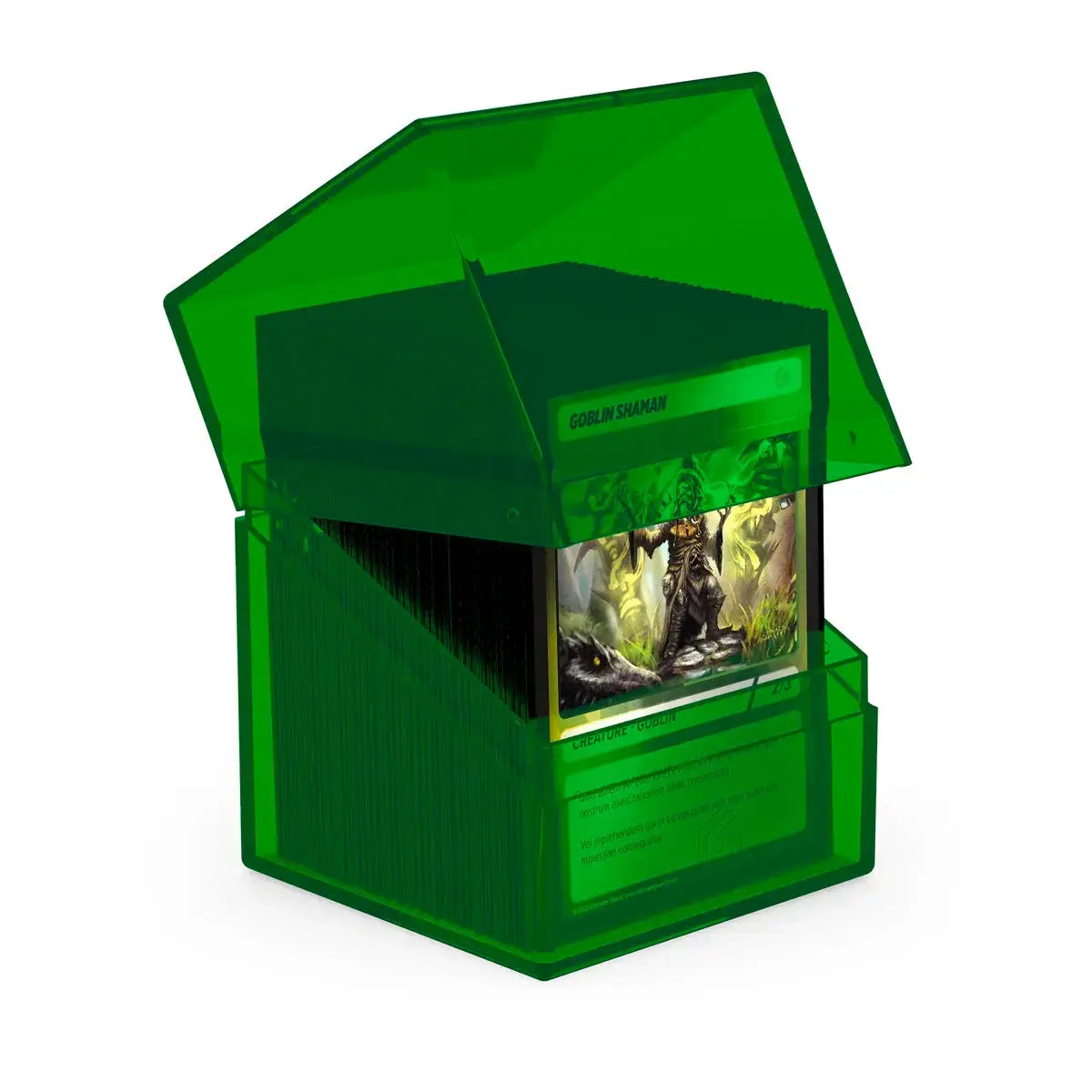 Clear Ultimate Guard Boulder 100+ card storage box with secure lid, designed for protecting and organizing trading cards.