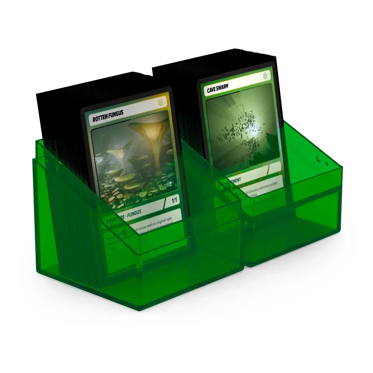 Clear Ultimate Guard Boulder 100+ card storage box by The Mighty Hobby Shop, with a transparent design and secure lid.