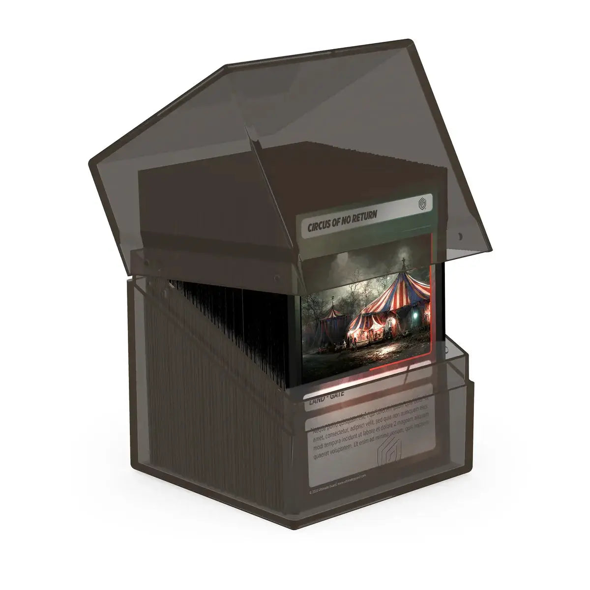 Ultimate Guard Boulder 100+ card storage box by The Mighty Hobby Shop, shown in black with secure lid and compact design.