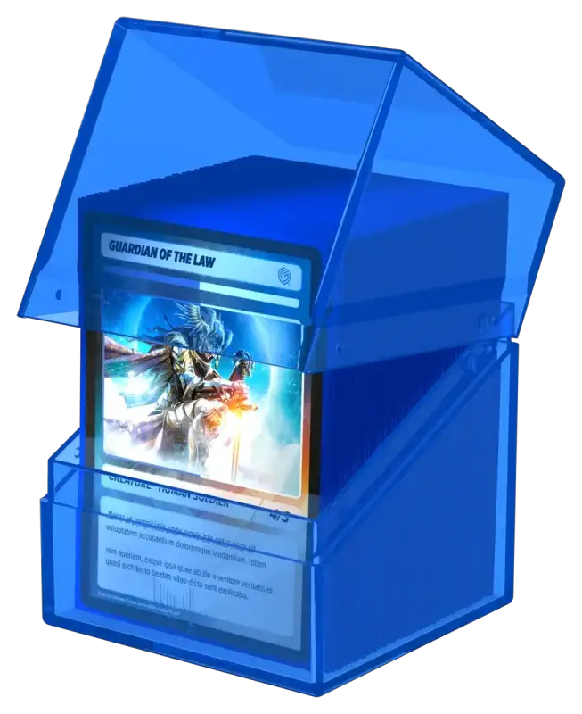 Close-up of the Ultimate Guard Boulder 100+ card storage box with a sleek black finish and secure lid design.