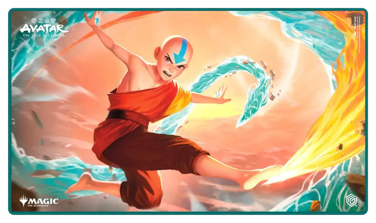 Playmat featuring Avatar Aang from Avatar: The Last Airbender, themed for Magic: The Gathering, with vibrant character artwork.
