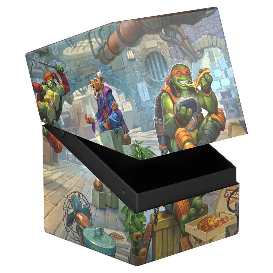 Open deck box featuring Teenage Mutant Ninja Turtles Turtle Lair design by THE MIGHTY HOBBY SHOP for Magic the Gathering cards.
