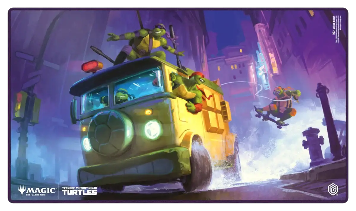 Ultimate Guard Magic: The Gathering and Teenage Mutant Ninja Turtles play mat, featuring colorful themed artwork on durable fabric.