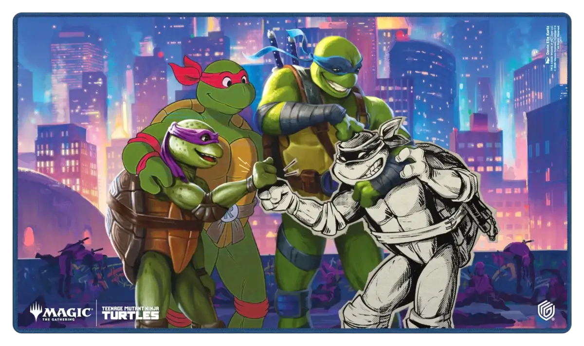 Ultimate Guard Play-Mat for Magic: The Gathering and Teenage Mutant Ninja Turtles, featuring colorful game-themed artwork on a soft mat.