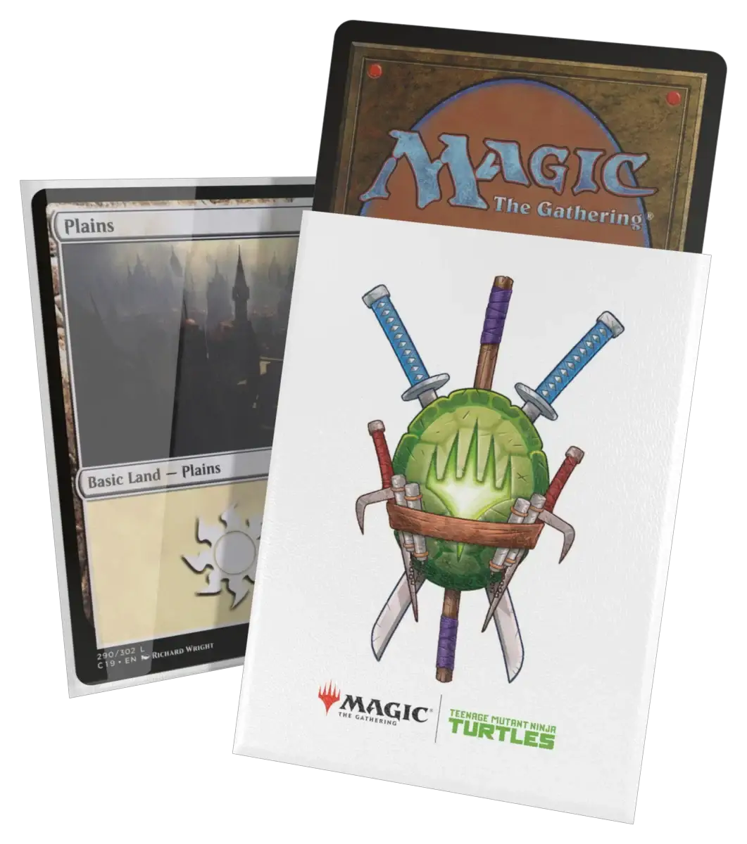 Magic: The Gathering Teenage Mutant Ninja Turtles art sleeves featuring Turtle PlaneWalker symbol, designed for collectible card game protection