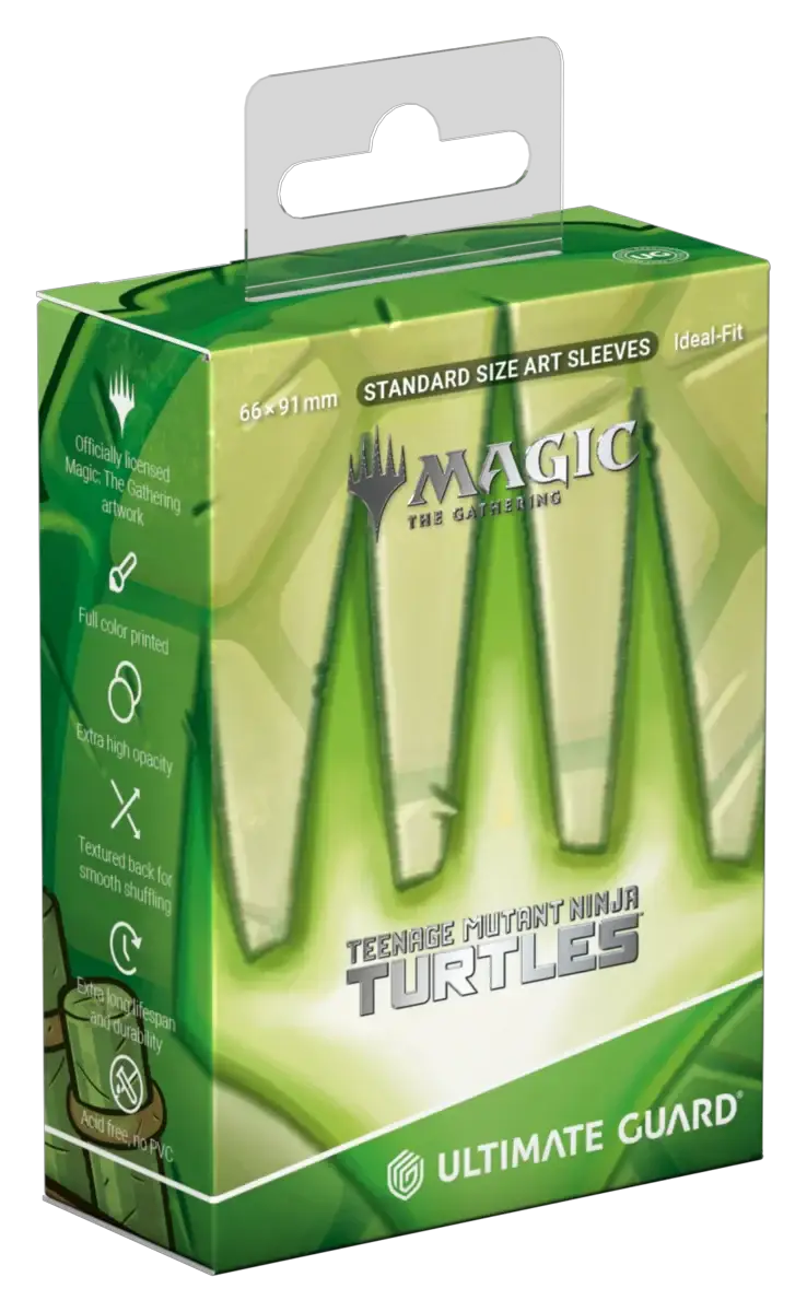 Teenage Mutant Ninja Turtles Magic: The Gathering art sleeves featuring turtle planeswalker symbol, designed for card protection.