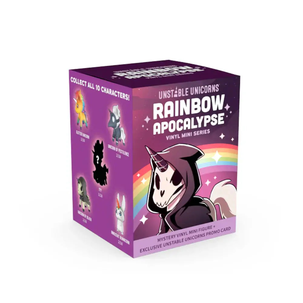 Unstable Unicorns Rainbow Apocalypse vinyl figure blind box by The Mighty Hobby Shop showing colorful, whimsical unicorn characters inside.