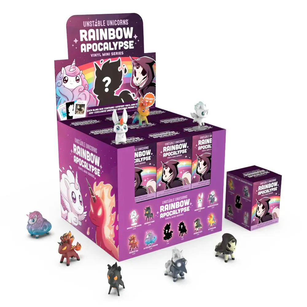Unstable Unicorns Rainbow Apocalypse vinyl figure blind box from The Mighty Hobby Shop, featuring colorful unicorn character on a white background.